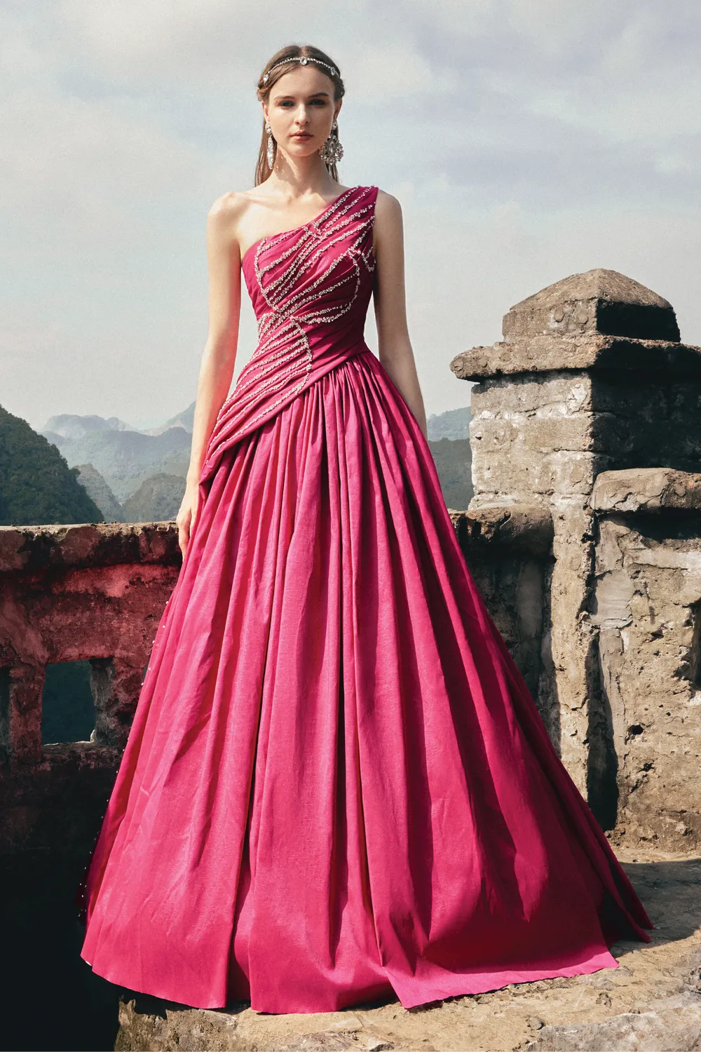 One Shoulder Stone Embellished Dress - TRACY COUTURE